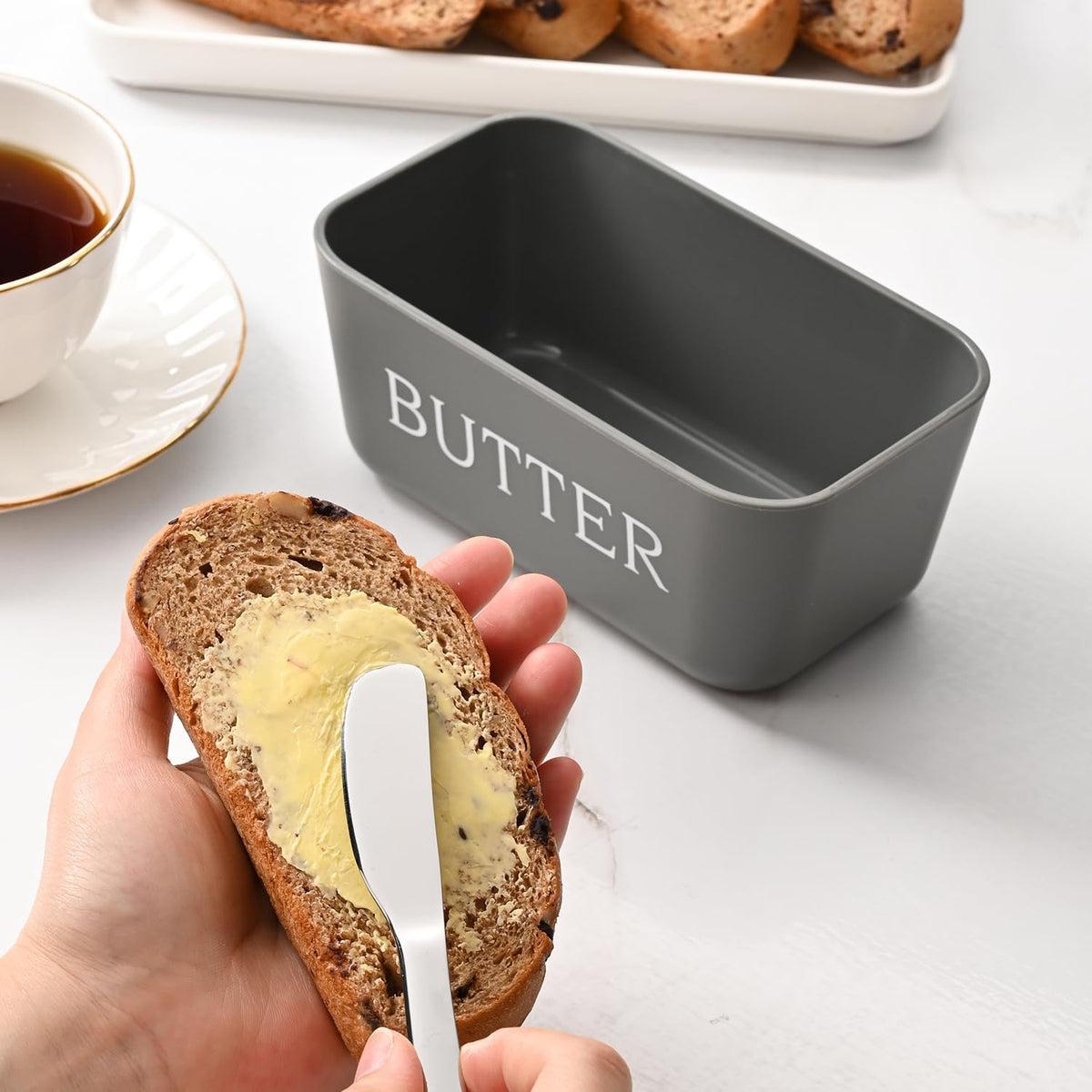 Plastic Large Butter Dish With Lid,Food Grade PP Butter Keeper With Cover,Grey Butter Container For Kitchen Refrigerator Countertop