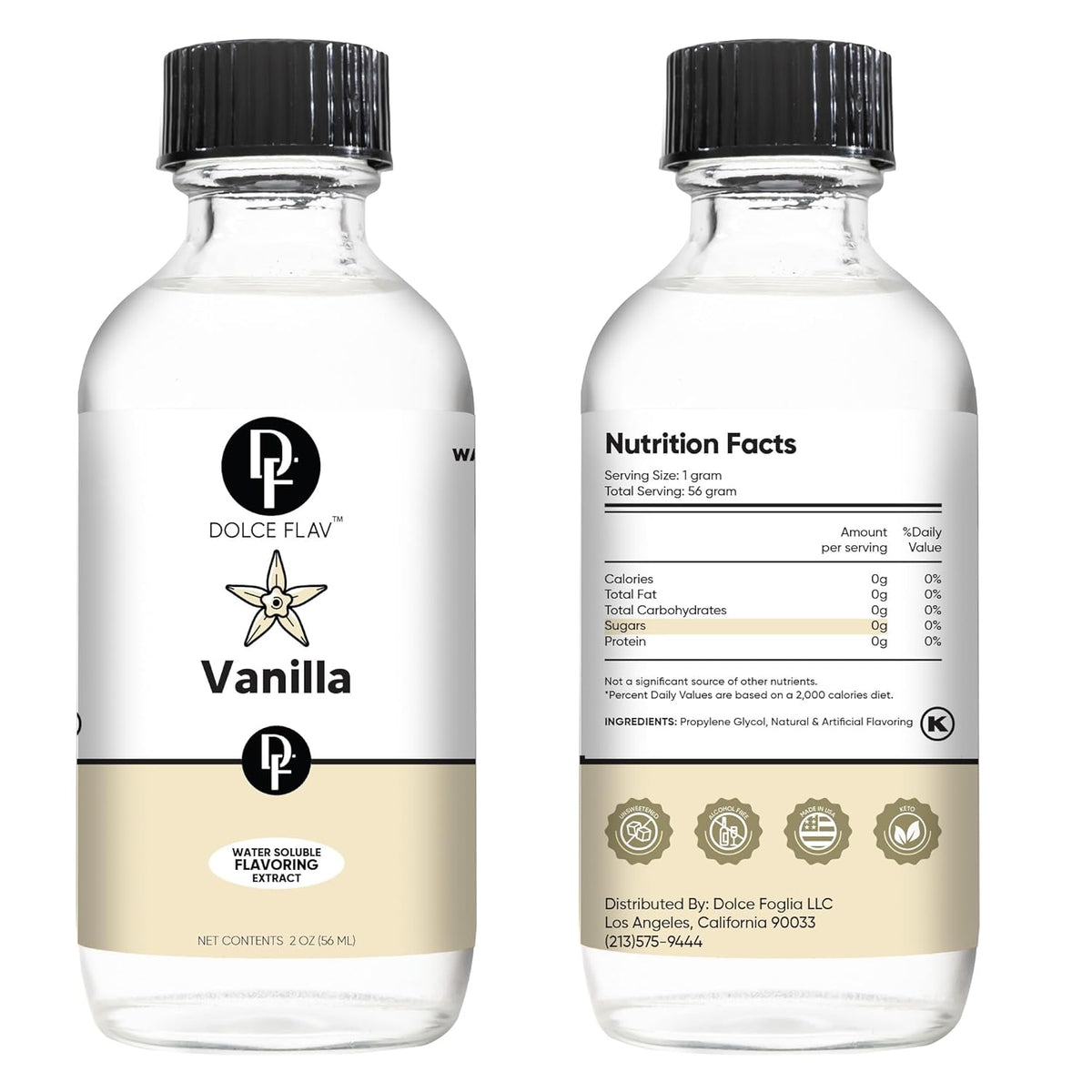 Dolce Flav Vanilla Extract – 2 Ounce Water-Soluble Kosher, Sugar-Free, Concentrated Vanilla Flavoring for Baking, Cookies & Desserts, Includes Measured Dropper