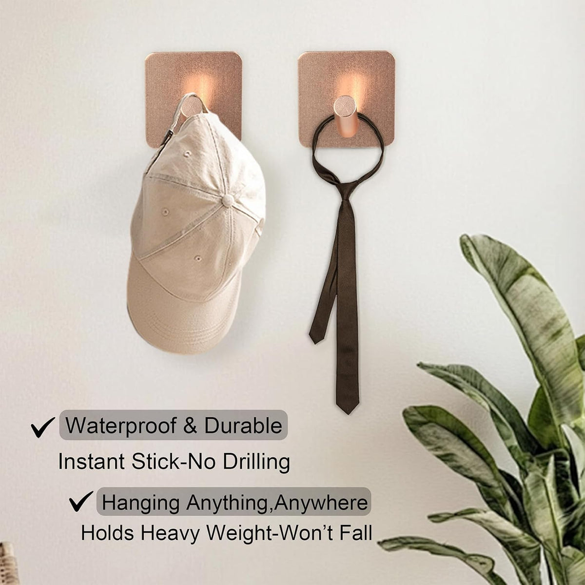 Aluminum Wall Hooks, No Drill Damage-Free Adhesive Hook, Product for Hanging Heavy Duty for Bathroom Kitchen Home (Slanting Square Rose Gold Hook, 4)