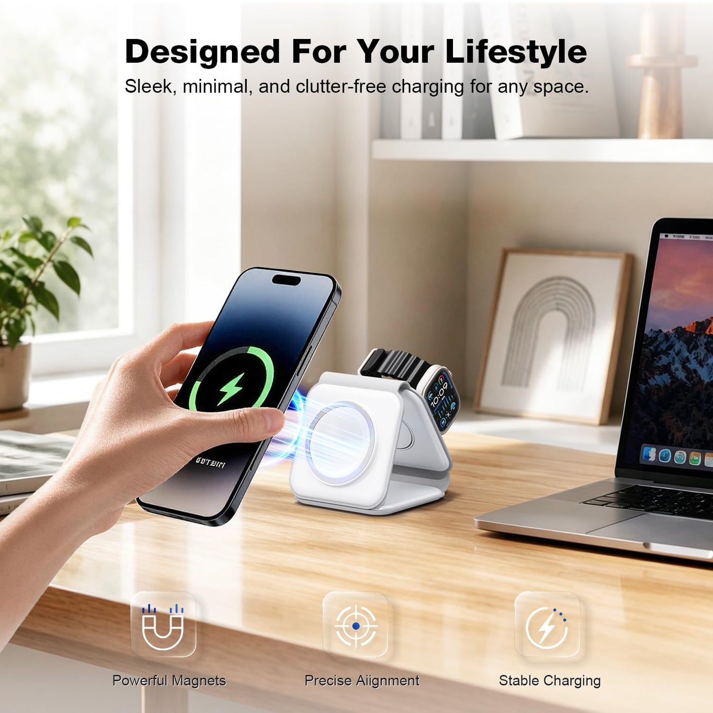 Wireless Charger 3 in 1,RTOPS Magnetic GaN Travel Wireless Charging Station Compatible with Apple Magsafe Multiple Devices for iphone17/16/15/14/13/Pro/Max,iWatch,AirPods4/3/2/Pro (Adapter Includes)