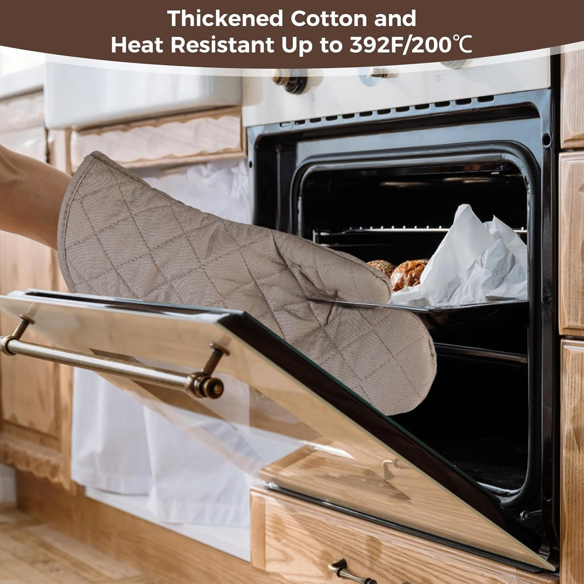 Set of 4 Oven Mitts and Pot Holder Heavy and Tall Kitchen Cotton Gloves Lined Towelcloth, Gloves Length 40cm, Pot Holder Width 20cm Diameter Round… (Light Brown)