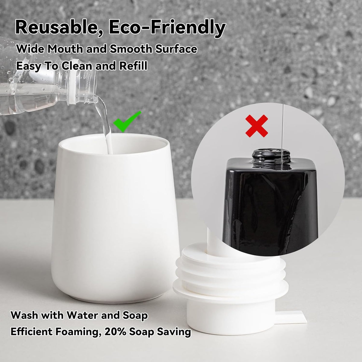 Foaming Soap Dispenser - 12 Oz Ceramic Foam Hand Soap Dispenser for Bathroom, Face Wash Dispenser Bottle with Foaming Pump, Refillable Lotion Dish Soap Foam Dispenser for Kitchen, Matte White