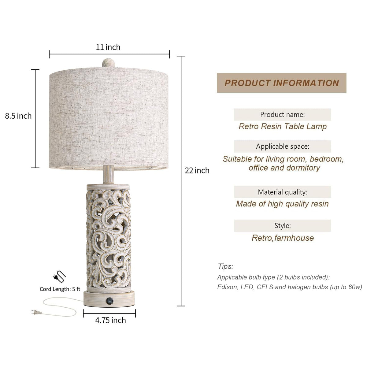 OYEARS 22'' Farmhouse Table Lamp for Living Room, Bedside Lamp with 2 USB Ports for Bedroom, Rustic Nightstand Lamp with Linen Lampshade for Office Hallway Home Decor, Distressed Grey (Bulb Included)