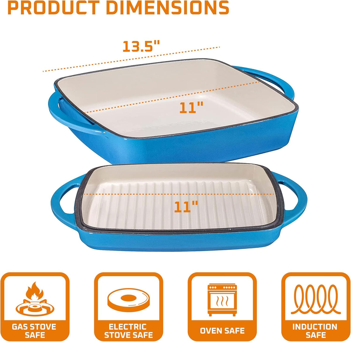 Bruntmor 2-in-1 Pre-Seasoned Square Cast Iron Dutch Oven with Dual Handles, Non Stick Pan with Grill, All-in-One Cookware Set, Cast Iron Casserole Dish with Lid for Braising Dishes,Whale Blue