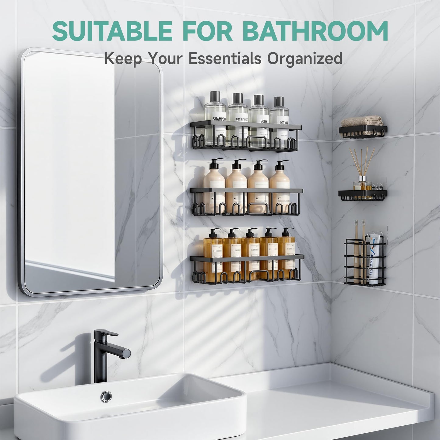 Veken Shower Caddy 6-Pack, Bathroom Organizers and Storage Shelves, Black