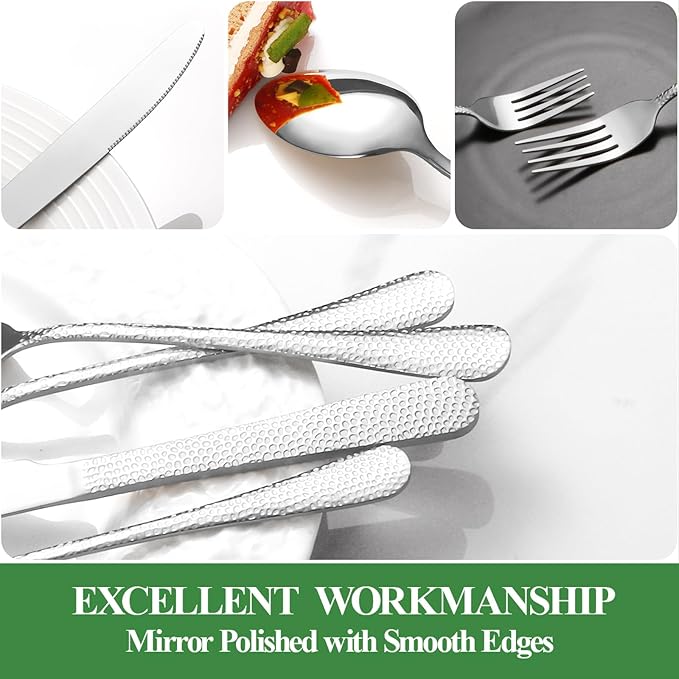 20 Pcs Silverware Set for 4 with Hammered Design, Food Grade Stainless Steel Flatware Set, Eating Utensils Sets Include Fork/Knife/Spoon, Reusable Cutlery Set, Dishwasher Safe