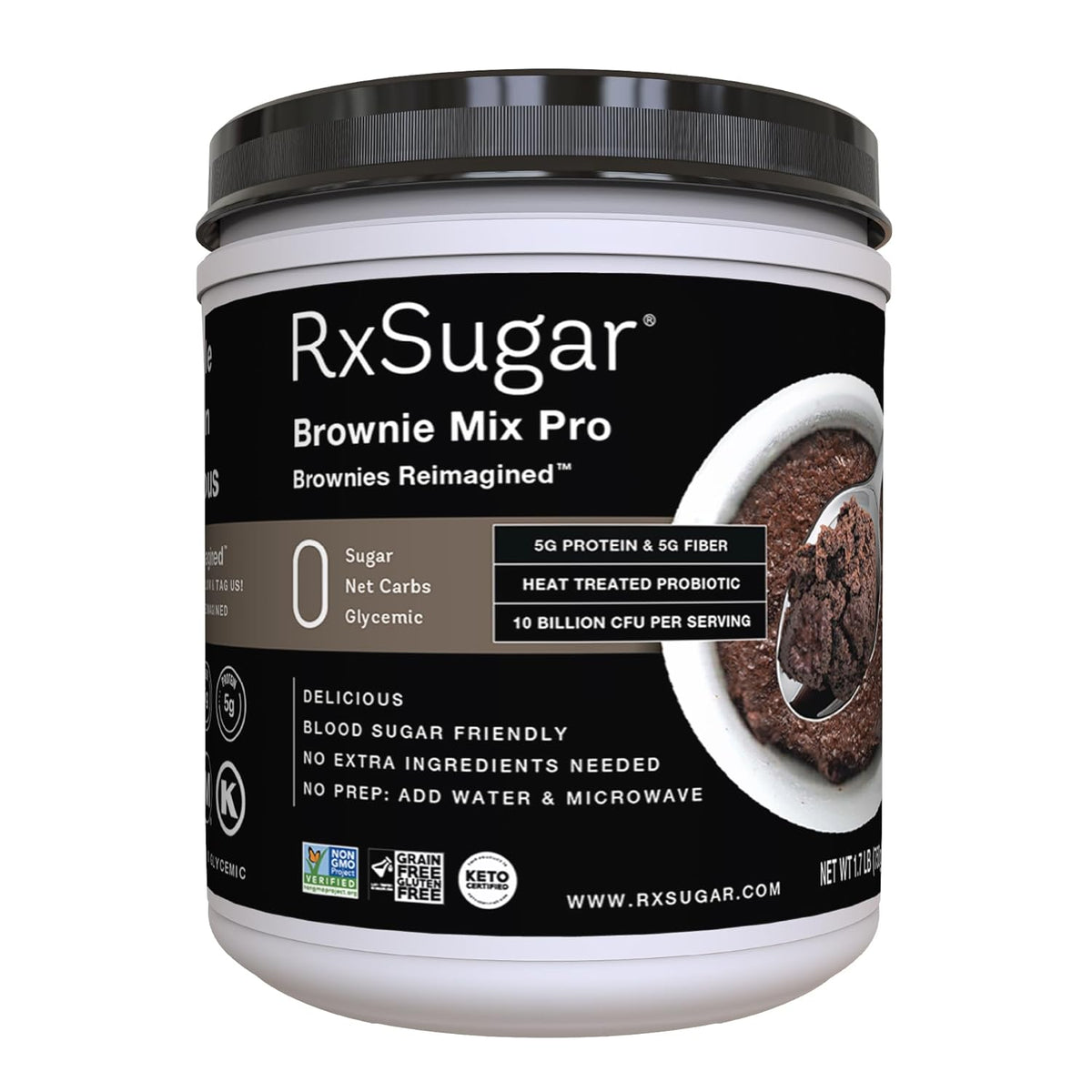 RxSugar Brownie Mix Pro | 10 Billion CFU Probiotic & Prebiotic Fiber | 1.7 lbs | 0 Net Carbs | Chocolate Mug Brownie Made with Allulose