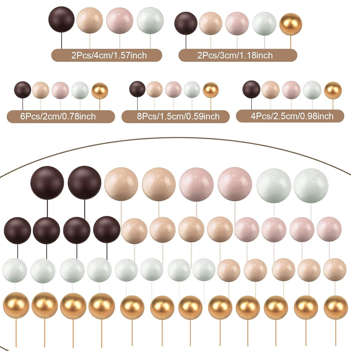 108 Pcs Balls Cake Topper DIY Cupcake Insert Foam Balloons for Cake Baking Wedding Anniversary Birthday Decoration(Brown Series,Multi Sizes)
