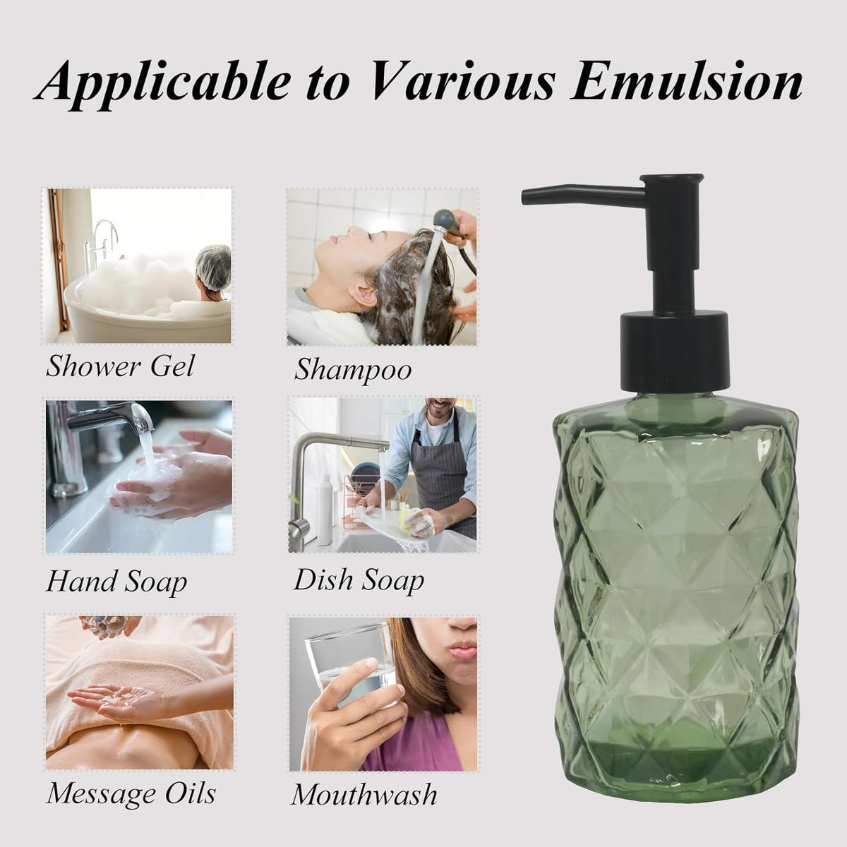 12Oz Small Glass Soap Dispenser with Black Plastic Pump, Green Refillable Kitchen Countertop Liquid Hand Soap Dispensers with Diamond Design, Crystal Bathroom Lotion Bottle for Dispense Dish Soap