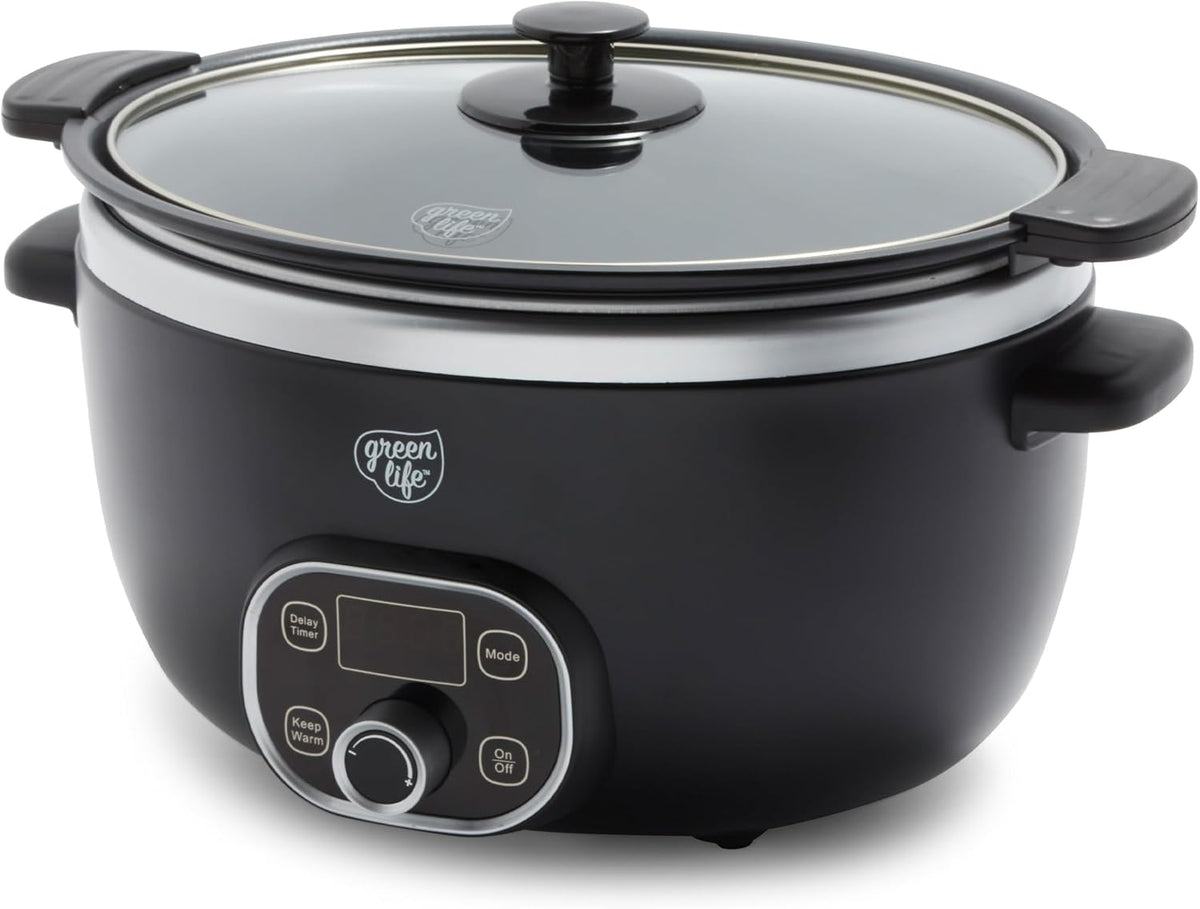 GreenLife 6QT Slow Cooker, Non-Toxic PFAS-Free Ceramic Nonstick Removable Interior Bowl, Programmable, Family Friendly, Keep Warm, Stovetop & Oven Safe, Dishwasher Safe Parts, Timer, Glass Lid, Black
