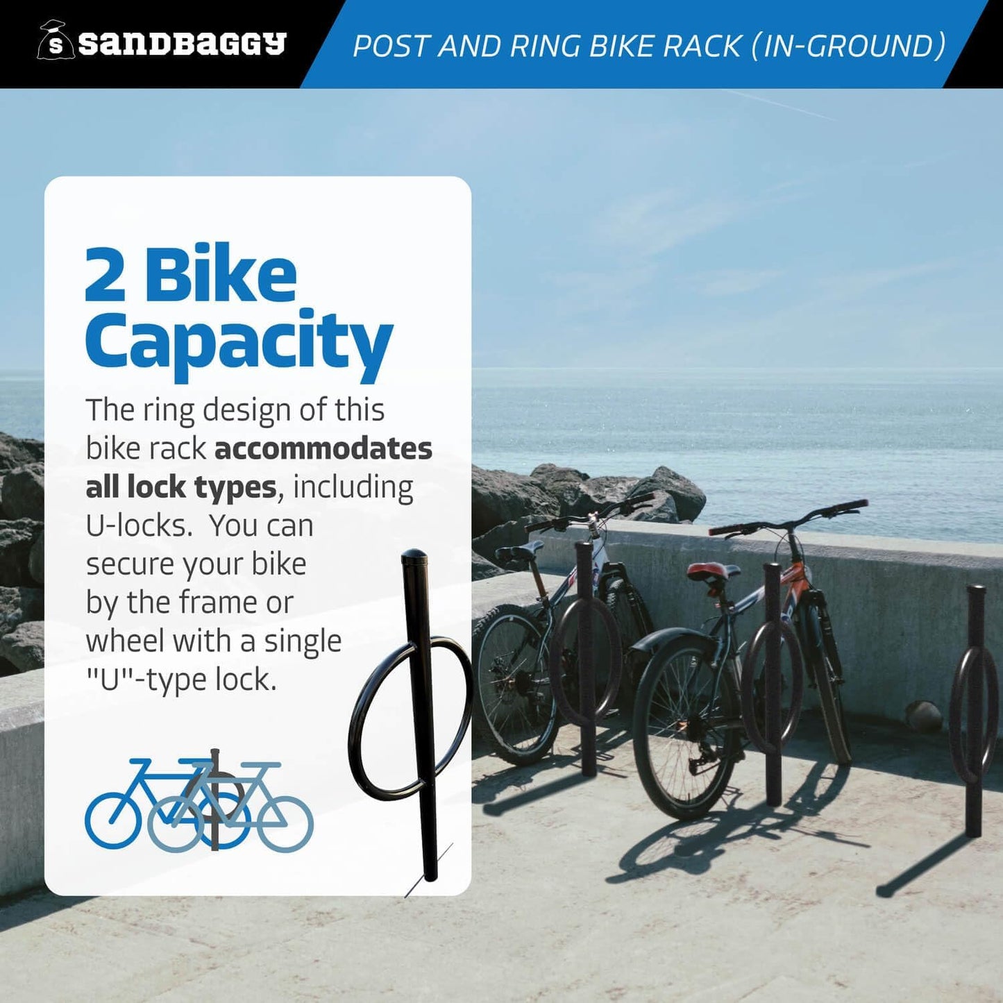 Sandbaggy Post and Ring Rack - In Ground - Commercial Outdoor Bike Parking & Storage Racks (Black, 2)