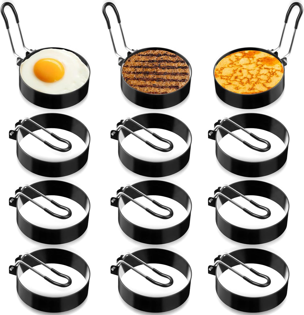 Yaomiao 12 Pcs Egg Rings for Frying Eggs Nonstick Pancake Mold Stainless Steel Egg Mold Portable Round Shaper with Handle for Cooking Griddle Camping Breakfast(3 Inch)