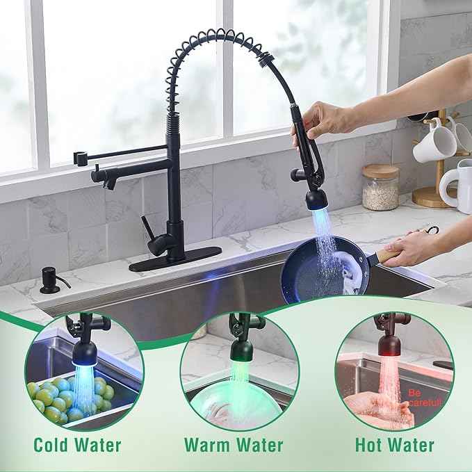 Fapully Commercial Kitchen Faucets with Pull Down Sprayer Matte Black LED Single Handle Faucet for Kitchen Sink, Kitchen Faucet with Soap Dispenser and Deck Plack for 4 Hole