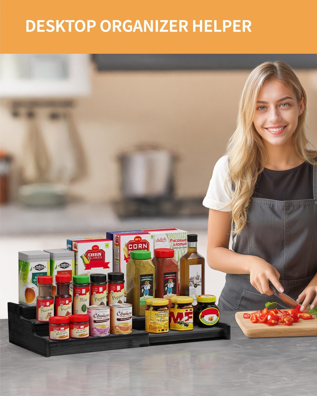 Spice Rack Organizer, 3 Tier Expandable Bamboo Spice Rack Organizer, Great for Kitchen Cabinet, Cupboard, Pantry and More-Black(2pack)