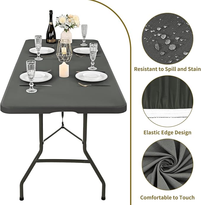 10 Pack Stretch Fabric Table Top Cap Cover, fits 8' Tables, Spandex Table Covers Washable Elastic Rectangle Tablecloth Protector for Indoor Outdoor Party Picnic Wedding, Gray, 30" W x 96" L