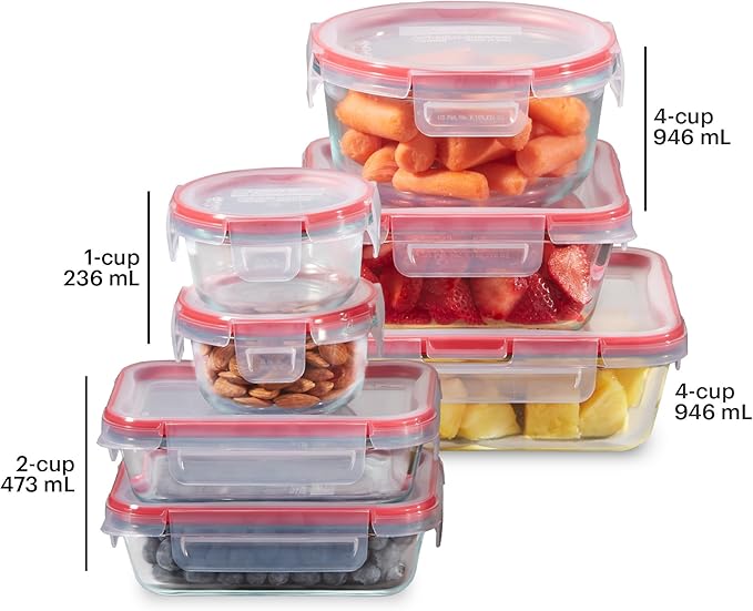 Pyrex Freshlock (7-Pack) Glass Food Storage Containers Set, (1, 2, 4 Cups) Airtight & Leakproof Locking Lids BPA-Free, Meal Prep Containers Set, Freezer Dishwasher Microwave Safe