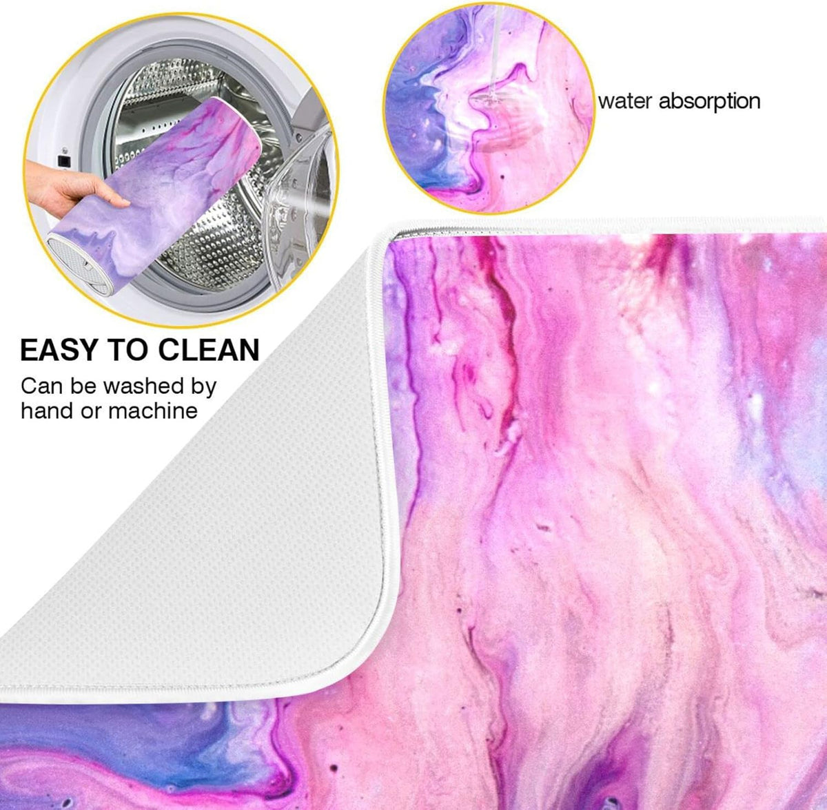 Super Absorbent Dish Drying Mat, Microfiber Fast-Drying Dish Mat, 16" x 18", Kitchen Dish Drying Pad, Abstract Purplr Pink Marble Paint