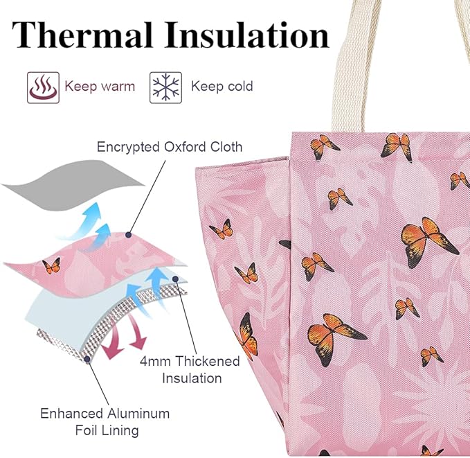 iknoe Insulated Lunch Bag for Women, 9L Sturdy Wide-Open Foldable & Portable Lunch Tote with Interior Pockets, Water-resistant Thermal Lunch Cooler for Adults Picnic Beach-Pink Butterfly