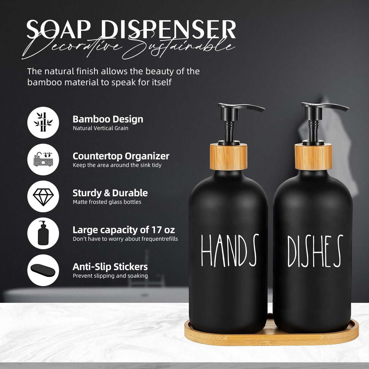 Arktek Glass Soap Dispenser Set with Tray, 2 Pack Hand and Dish Soap Dispenser Set for Bathroom and Kitchen Bottle Dispenser with Dish Soap, Hand Soap, Lotion 17 Oz (2 Black)