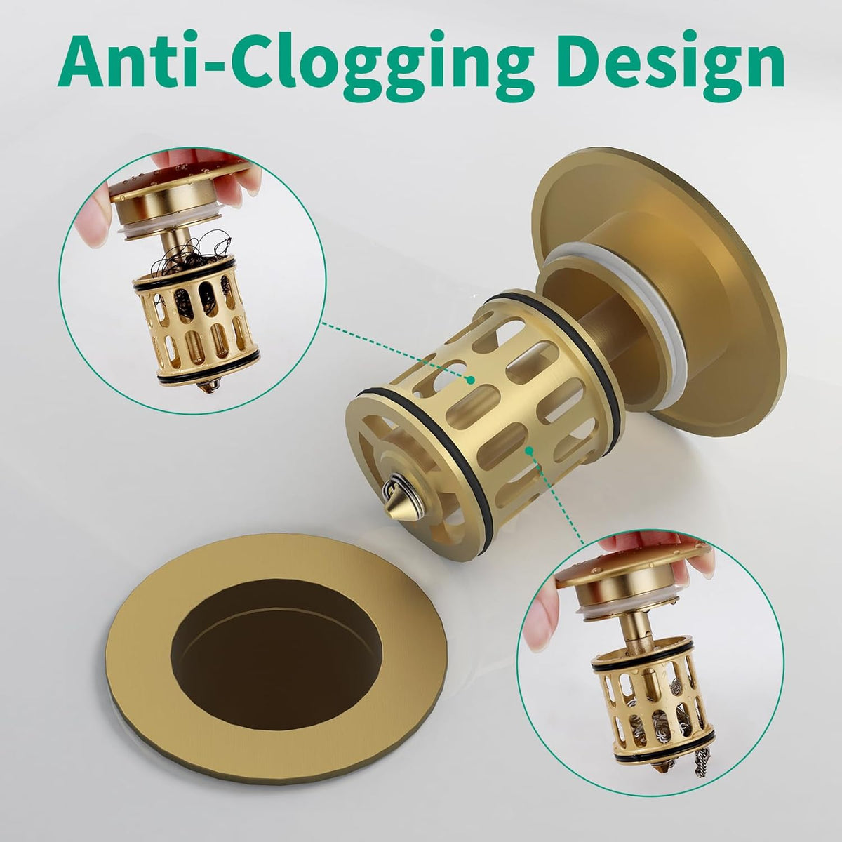 Bathroom Pop up Drain Without Overflow, Anti-Clogging Vessel Sink Drain Strainer, Pop Up Drain with Detachable Basket, Hair Catcher Bathroom Sink Drain Stopper(Brushed Gold, No Overflow)