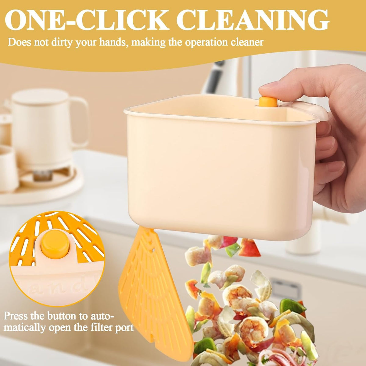 Sink Strainer Basket, 2025 New Upgraded Suction Cup Sink Corner Rack, Triangle Suction Cup Press Sink Drainer Basket, Automatic Dumping Corner Sink Trash Catcher for Kitchen Bathroom (Yellow)