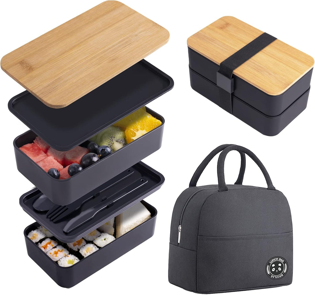 Japanese Bamboo Bento Box with Compartments and Utensils Stackable Lunch Box Includes Lunch Bag for Meal Prep Black
