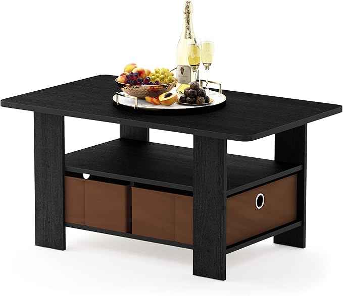 Furinno Andrey Coffee Table with Bin Drawer, Americano/Medium Brown, Small Non-Lift Top