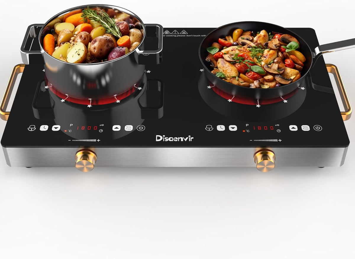 2 Burner Electric Cooktop 110V - 24 Inch Countertop Electric Stove with Handles 2000W, Two Burner Ceramic Burner with LCD Touch Screen and Knob Control, Timer, Safety Lock, 120V Plug in
