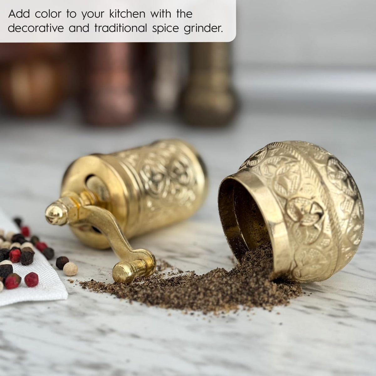 Handmade Decorative Black Pepper Grinder, Refillable Turkish Spice Mill Manual Pepper Mill with Handle, Spice Grinder Metal with Hand Crank 11 cm-4.3 inch