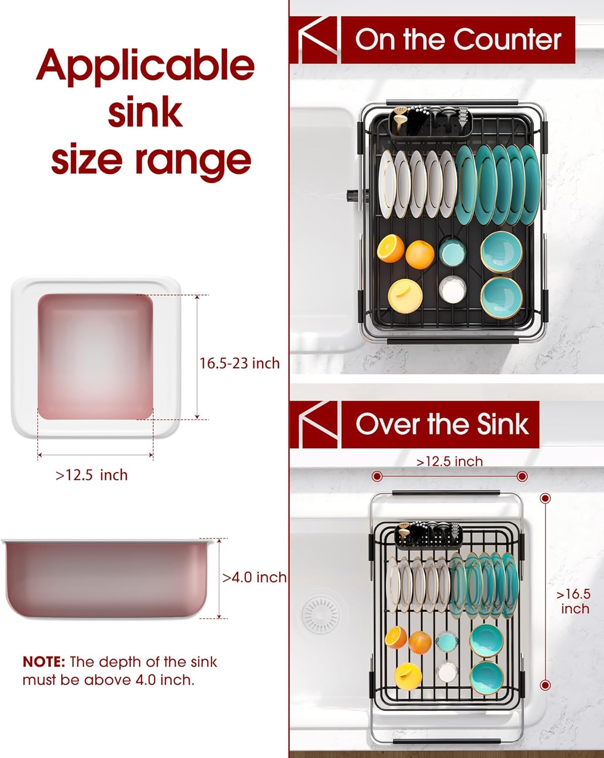 Over Sink Dish Drying Rack with Drain Board, Stainless Steel 2 in 1 Sink Organization and Storage, Dish Drainer for Kitchen Counter, Home and Apartment Essentials, 12" W x 16.1~23" L, Black