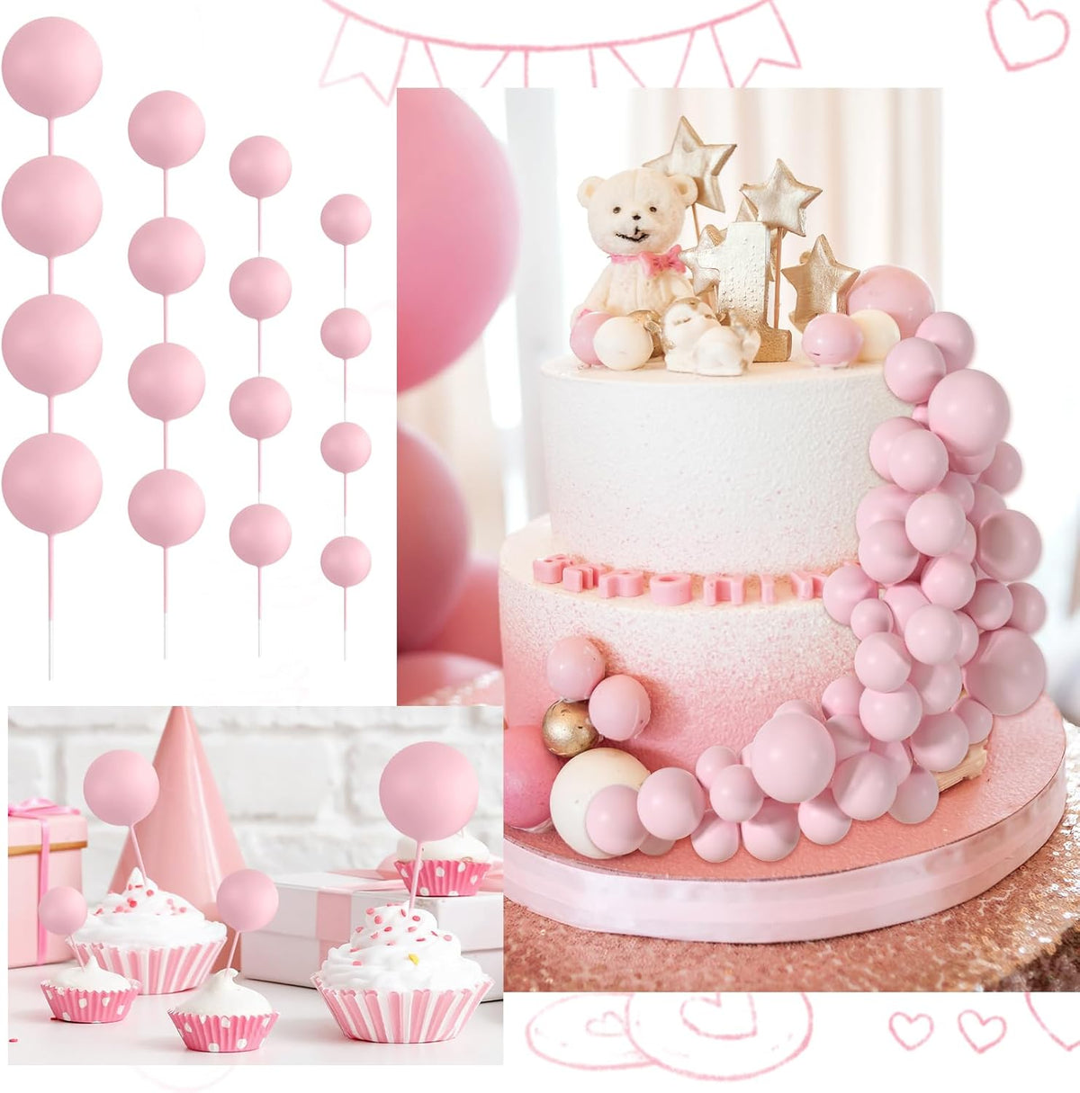 48 Pcs Balls Cake Topper Decorations Balloon Cupcake Toppers Foam Cake Topper Balls Cake Balls Decorations for Birthday Party Wedding Anniversary Cake Decorating (Pink)