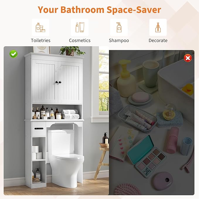 IDEALHOUSE 23.6 Inches Wide Toilet Rack with Over The Toilet Storage Cabinet, Bathroom Shelf Organizer with Anti-Tip Device, Small Freestanding Space Saver with Adjustable Shelf (White 30" W)