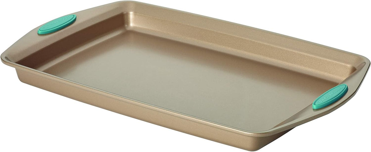 Rachael Ray Cucina Bakeware Set Includes Nonstick Cake Cookie Baking Sheet and Muffin Cupcake Pan, 4 Piece, Latte Brown with Agave Blue Grips