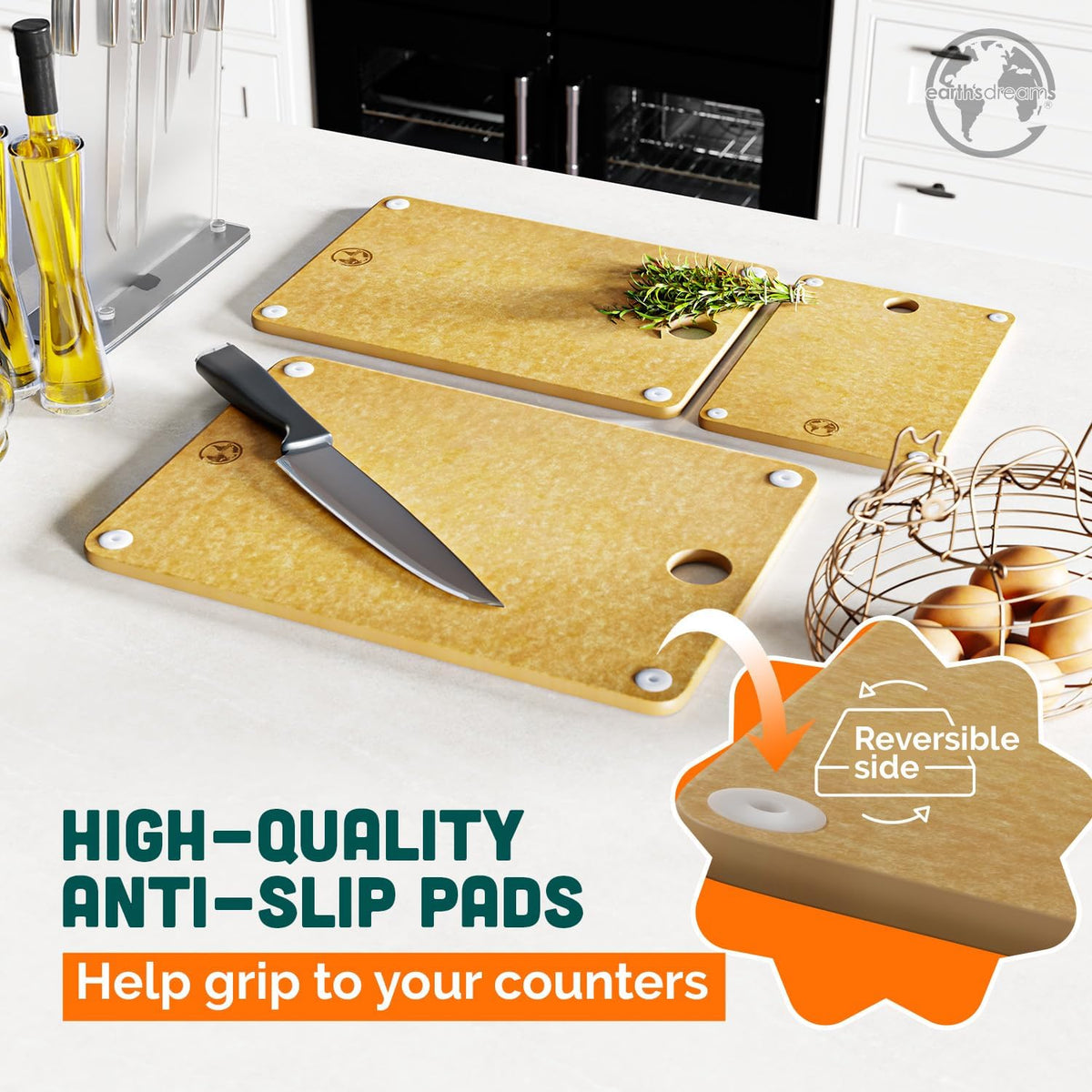 Earth’s Dreams Wood Cutting Board Set 3-Piece: Small, Large & Extra Large - Charcuterie Board, Non-Plastic, Non-Toxic, Heavy-Duty, Dishwasher Safe (Tan)