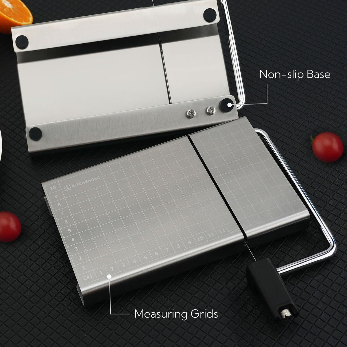 KITCHENDAO Replaceable Wire Cheese Slicer with Board and Measuring Grids,Tightness Adjustable Cheese Slicer, Stainless Steel Metal Cheese Cutter for Block Cheese, Dishwasher Safe, with 2 Extra Wires