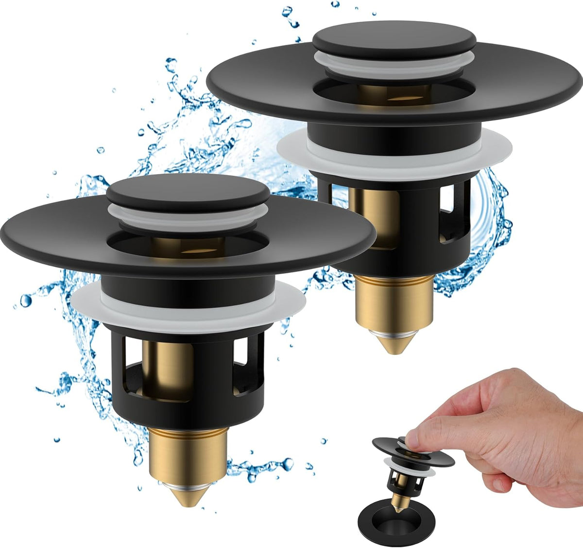 Hibbent 2 Pack All Metal Universal Bathroom Sink Stopper for 1.1''~2.3'' Basin, Pop Up Sink Drain Strainer, Brass Bullet Core Push Type Stopper, Stainless Steel Anti Clogging Drain Filter, Matte Black
