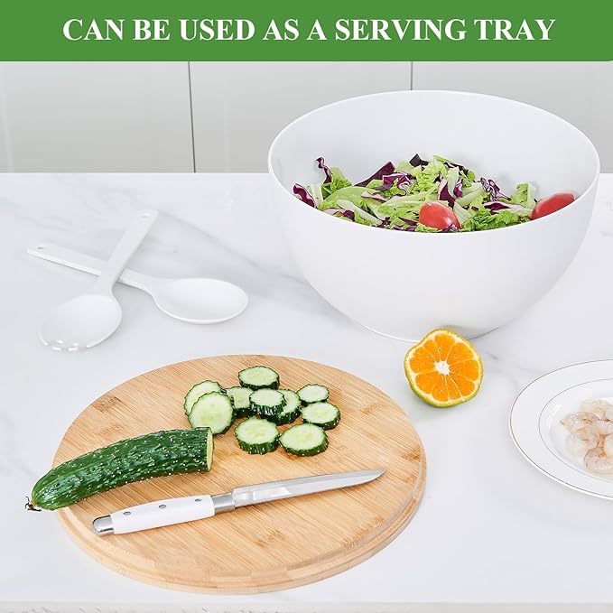 GEHE 12" Salad Bowls, Bamboo Fiber Salad Bowl with Lid, 7.7Qt Extra Large Mixing Bowls with Servers for Kitchen, Salad Serving Bowl Set with Utensils for Salad, Pasta, Fruits, Vegetables and Dessert