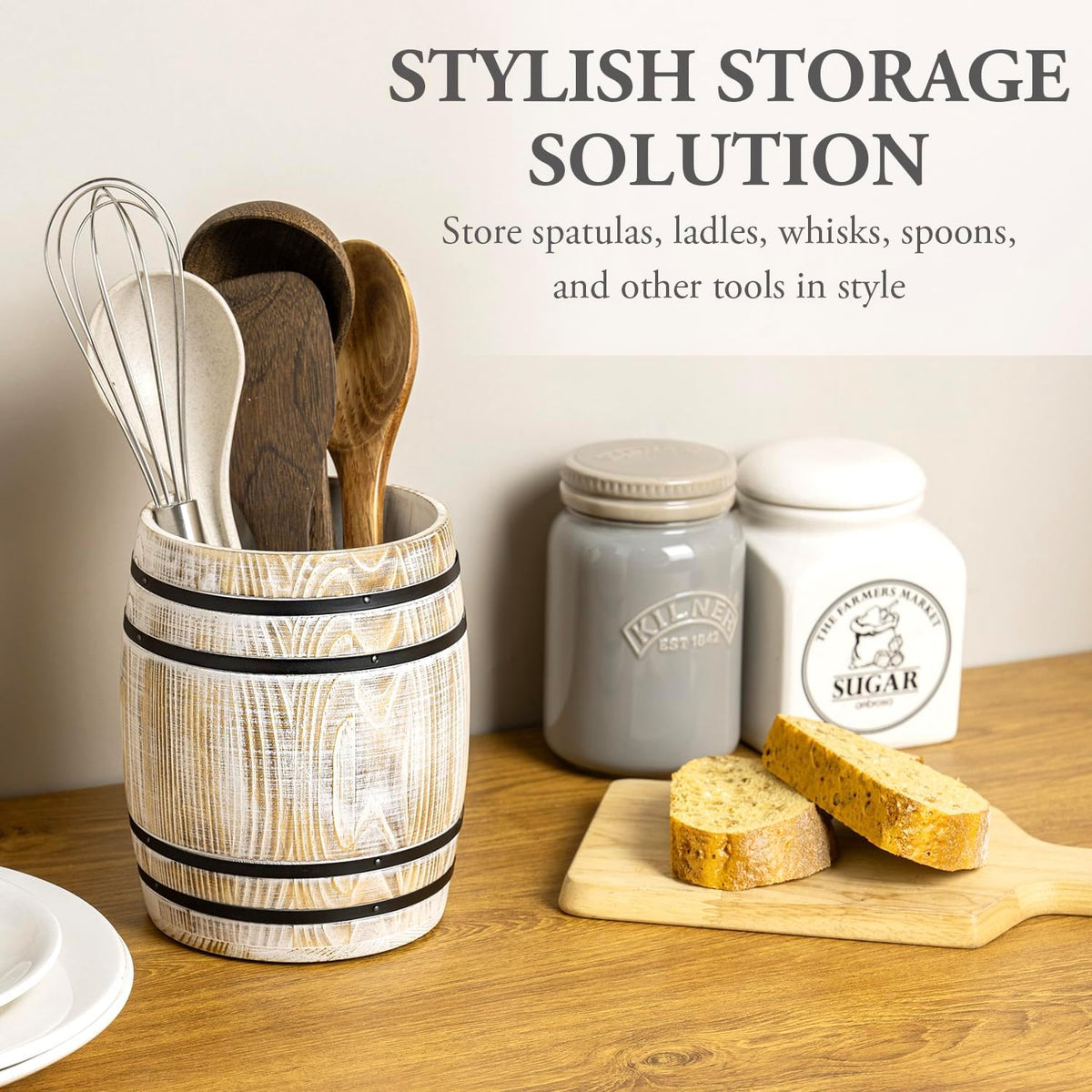 MyGift Wine Barrel Design Kitchen Utensil Holder Crock, Vintage White Washed Solid Wood Cooking Utensils Organizer