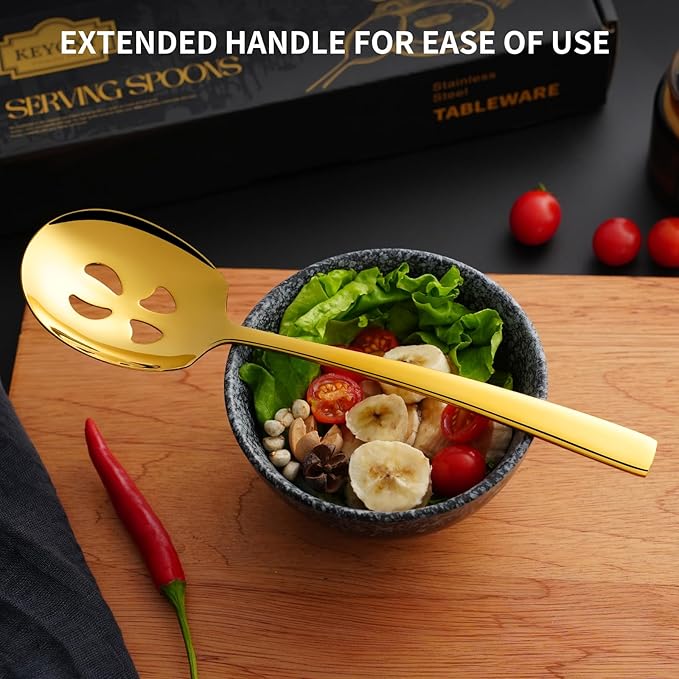 6 Piece Stainless Steel Serving Spoons Set - 3 Large, 3 Slotted, 9.2-Inch, Dishwasher Safe, for Parties/Kitchen/Buffet/Catering,Gold