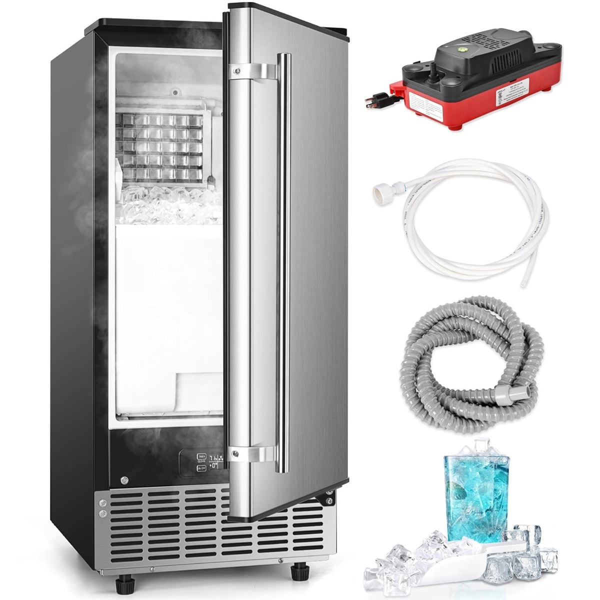 Commercial Under Counter Ice Maker Machine with Drain Pump, 80Lbs/Day with 24lbs Storage, Auto-Cleaning, 24H Timer, Built-in Freestanding Ice Maker for Home/Commercial & Home Use. (Steel)