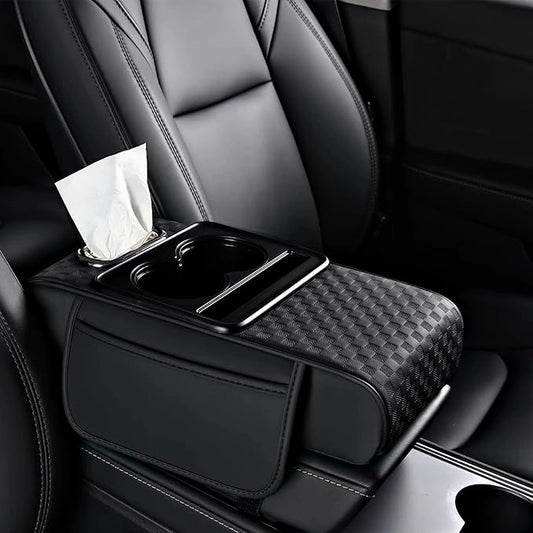 Center Console Cover,Car Armrest Cushion Multifunctional with 2 Storage Bags Cup Holder,Phone Slot,Tissue Box Slot for Most Cars Accessories Interior Organizers-Black 13.8x7.9 in