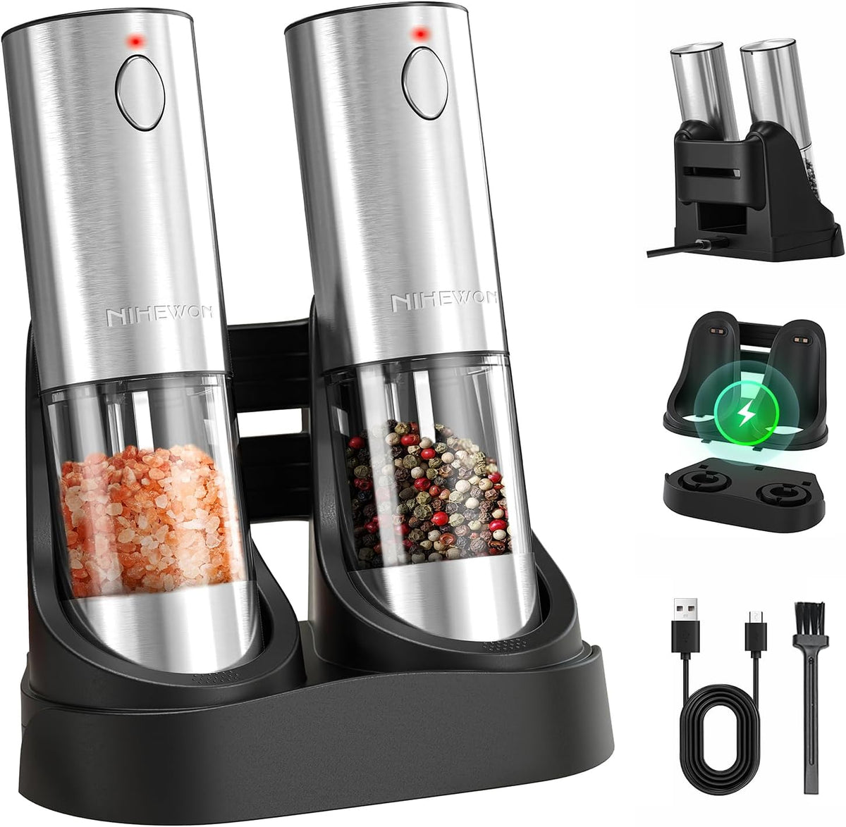 Electric Salt and Pepper Grinder Set Rechargeable, Automatic Salt and Pepper Grinder Set for Kitchen, USB Charging Base & LED Light, Adjustable Coarseness, Stainless Steel