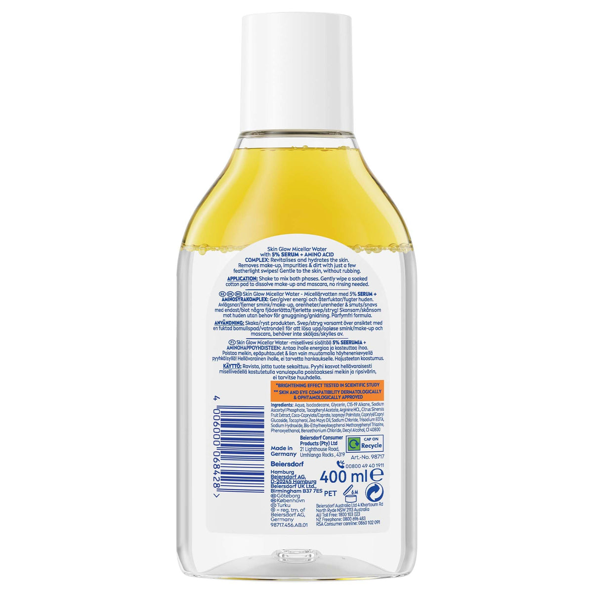 NIVEA Skin Glow Micellar Cleansing Water for Face Eyes Lashes – Gentle Daily Makeup Remover and Facial Cleanser with Vitamin C & E and Amino Acid Complex for Sensitive Skin, 13.5 fl. oz