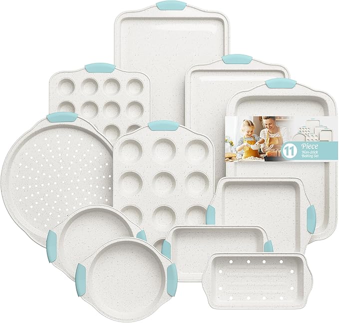 11-Piece Non-Toxic Bakeware Set – Nonstick, Stackable & Oven Safe with Heat-Resistant Silicone Handles – Cookie Sheet, Cake Pan, Muffin Mold, Pizza Tray & Bread Loaf Dish, White & Sky Blue
