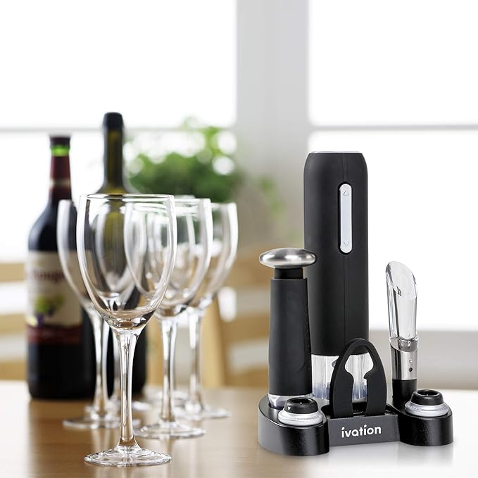 Ivation Wine Gift Set – Includes Electric Opener, Aerator, Vacuum Preserver, 2 Stoppers, Foil Cutter & Charging Base