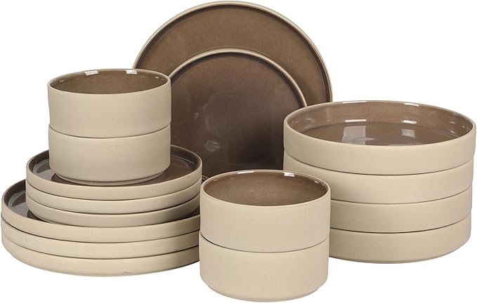Gibson Elite Liberty Bay 16-Piece Pottery Clay Stoneware Dinnerware Set – Mocha Brown Reactive Glaze, Stackable Plates and Bowls W/Pasta Bowl, Service for 4 – Microwave & Dishwasher Safe