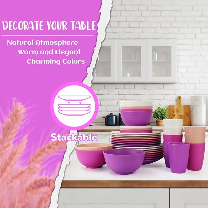 Wheat Straw Dinnerware Sets 40 PCS Bowl and Plate Sets With Cup Dishes Set for 8 Unbreakable Dish Sets Microwave Safe Plates Dinner Bowls Drinking Glasses With 4 Color - Flower Color