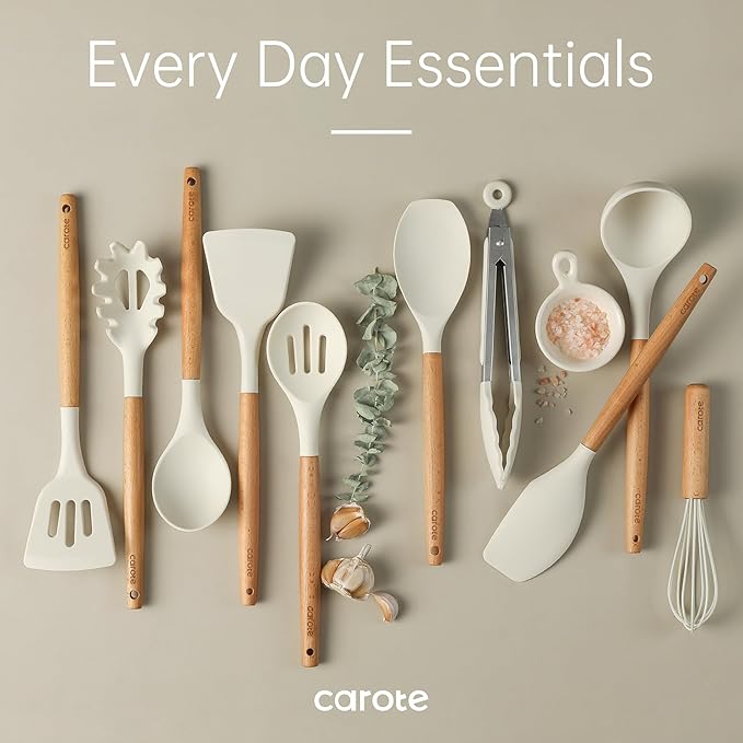 CAROTE Silicone Cooking Utensils Set, Kitchen Utensils Set 10 Pcs for cooking, BPA Free Spatula Set with Heat Resistant Wood Handles for Nonstick Cookware (Cream White)