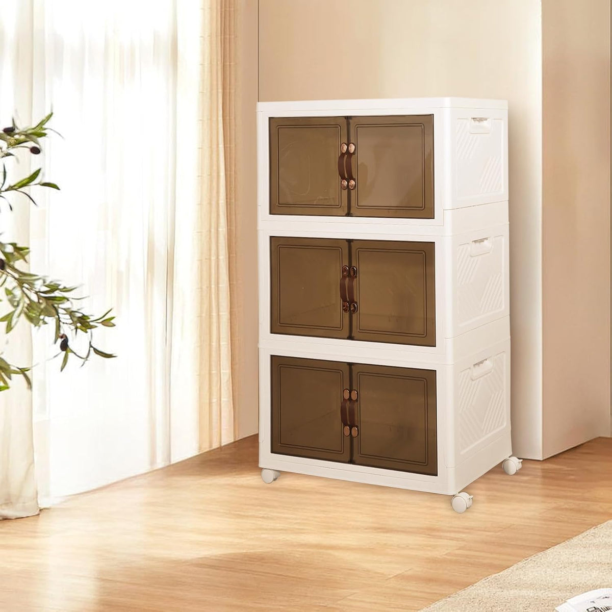 3-Tier Closet Organizer and Storage with 1 Lid, 58 Gal Stackable Storage Bins with Lids and Wheels, Folding Storage Boxes with Open Front Door for Closet and Office