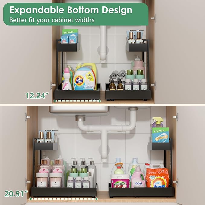 REALINN Expandable Under Sink Organizers and Storage, 2 Tier Under Cabinet Organizer, Heights Adjustable Pull Out Rack for Kitchen Bathroom Laundry, Black, 2 Pack